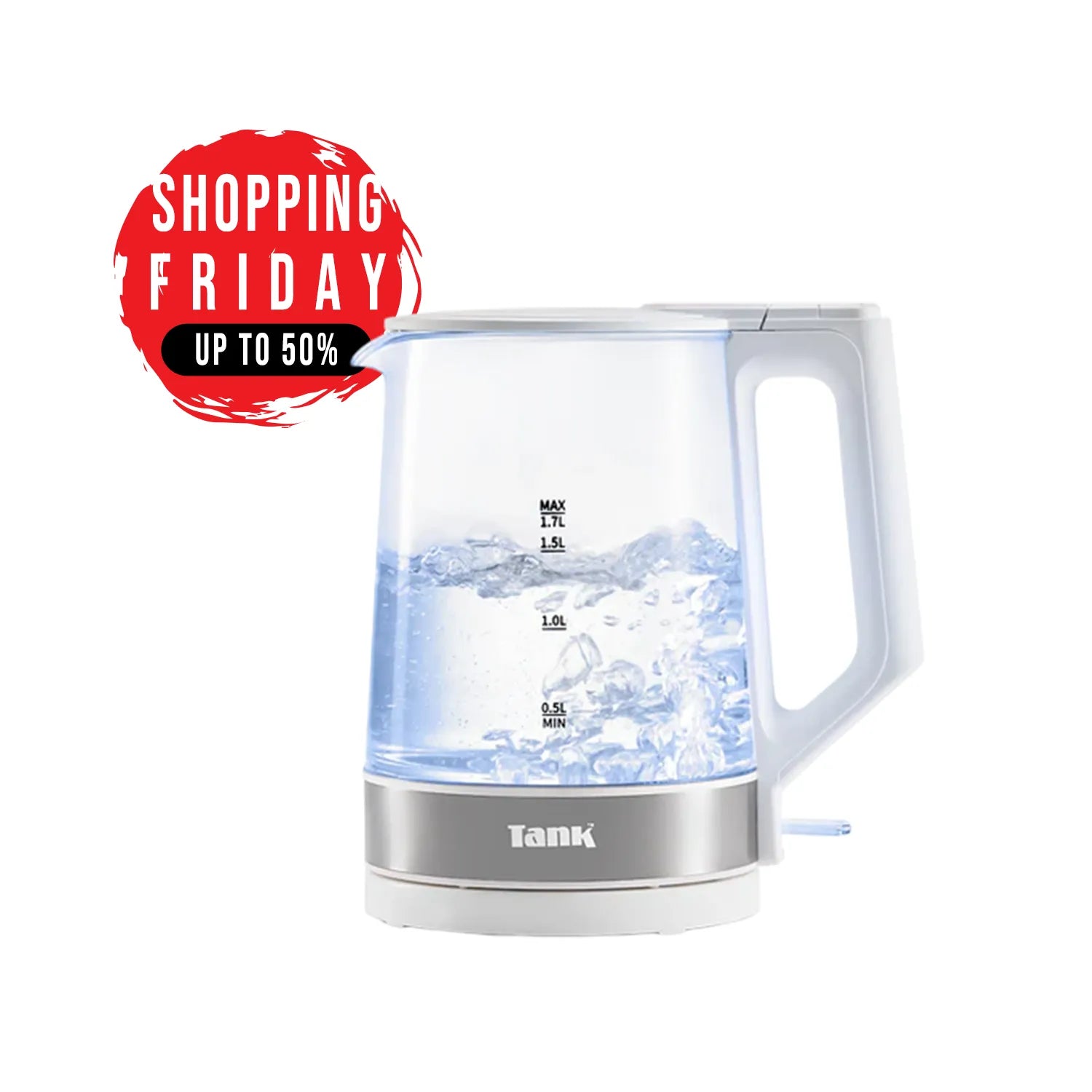 Tank Glass Kettle, 1.7L Capacity, 1850 Watts, White, KG-2318 - 2 Year Warranty