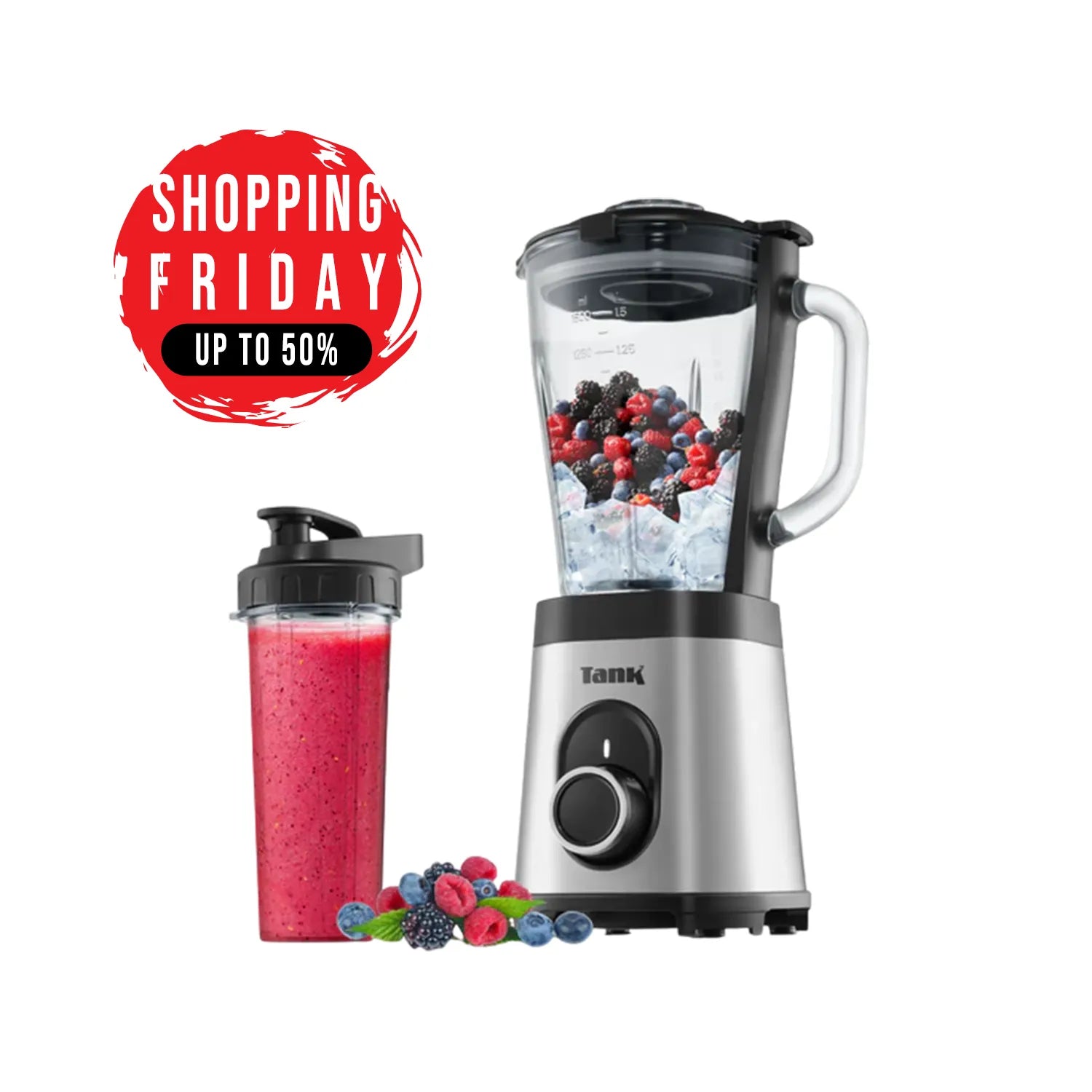 Tank Super Blender, 1.5L Glass Jug , 900ml BPA Free Plastic Bottle, 800 Watts, YB-S62k , 2-Year Warranty