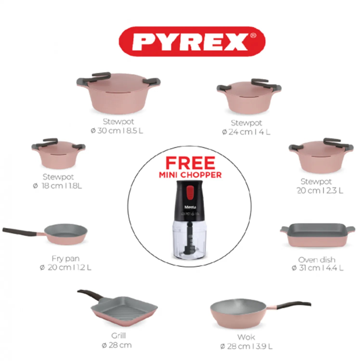 Pyrex - Set Of Artisan Granite 21 Pieces ( 18,20,24,30 ) - Rose + Free Chopper