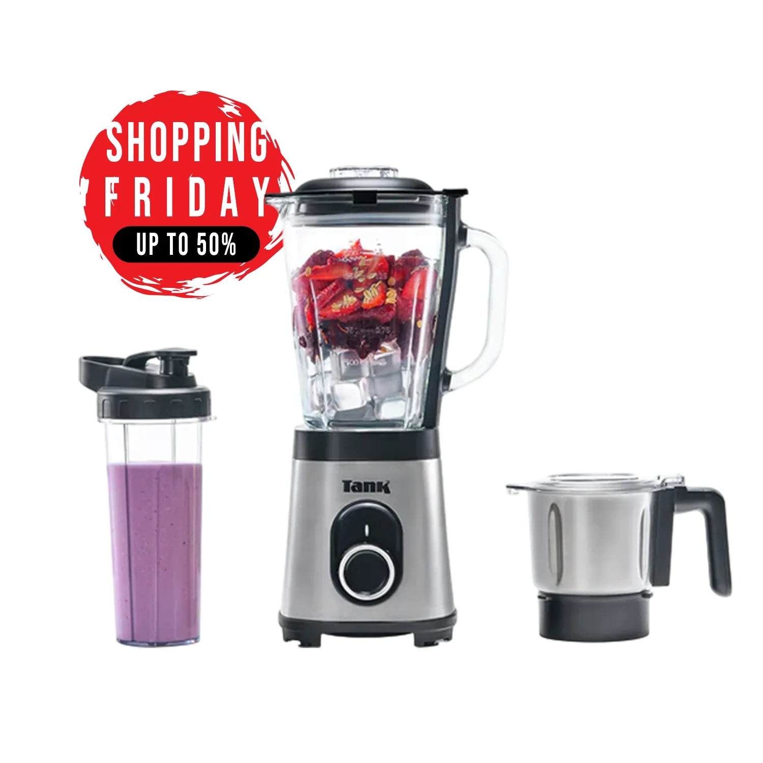 Tank Super Blender, 1.5L Glass Jug , with 500ml Stainless Steel Grinder and 900ml BPA Free Plastic Bottle, 800 Watts, YB-S62k GR , 2 Year Warranty