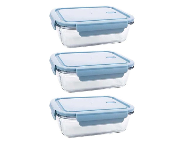 Glass Microwave Heated Rectangular Lunch Box with Lid, 3Pcs