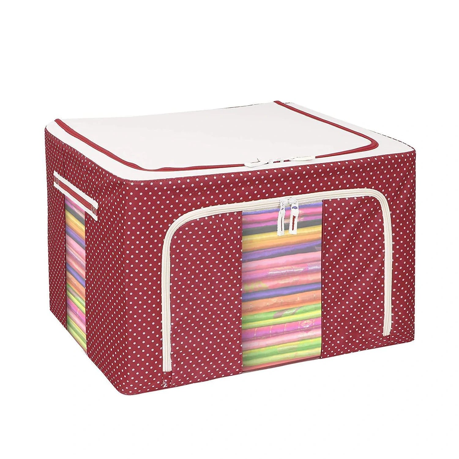 Fabric Clothing Storage Box with Steel Frame Folding Bag Clear Window Zipper for Clothes Bed Sheets Blanket with Handles