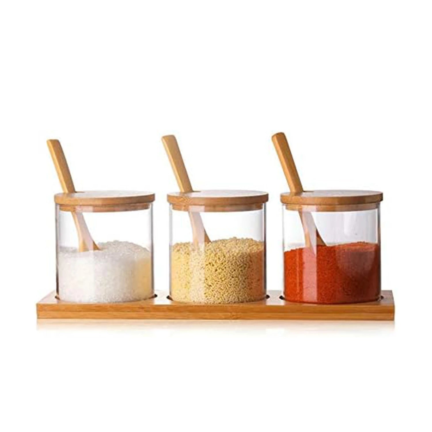 Glass Jar Set With Stand And Spoons Of 3 Pieces, Suitable For Spices And Tea