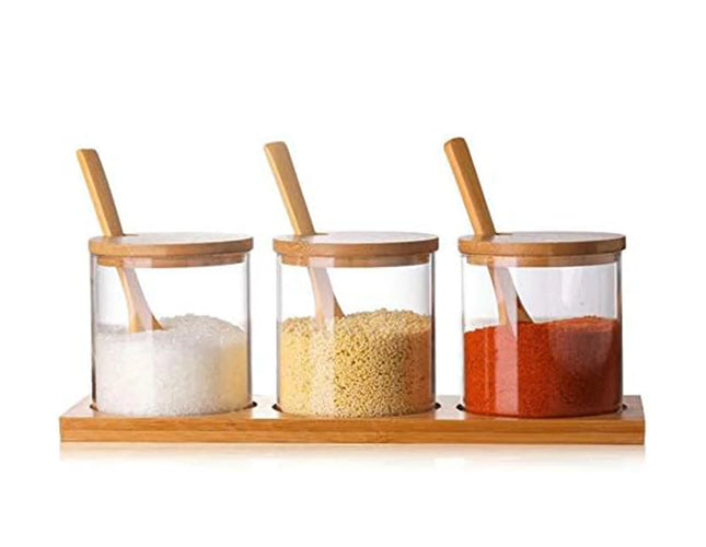 Glass Jar Set With Stand And Spoons Of 3 Pieces, Suitable For Spices And Tea