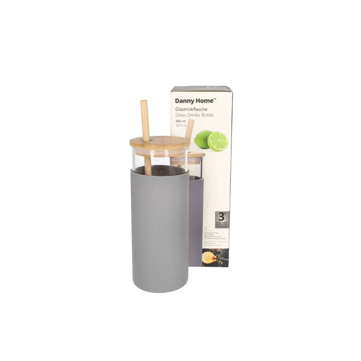 Borosilicate Bottle With Wood Lid & Straw 480ml.