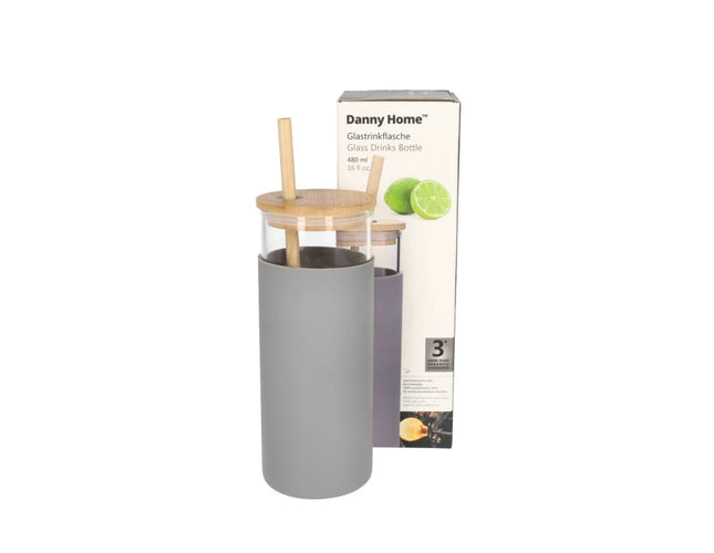 Borosilicate Bottle With Wood Lid & Straw 480ml.