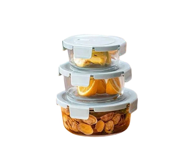 Glass Microwave Heated Round Lunch Box with Lid, 3Pcs