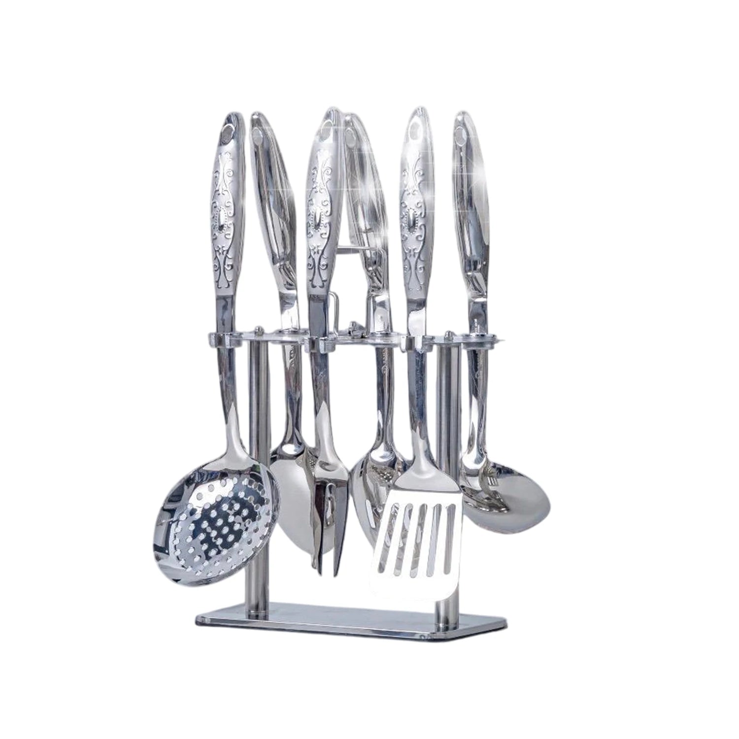 Stainless steel dispenser set, 7 pieces on a stand