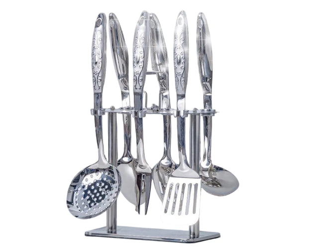 Stainless steel dispenser set, 7 pieces on a stand