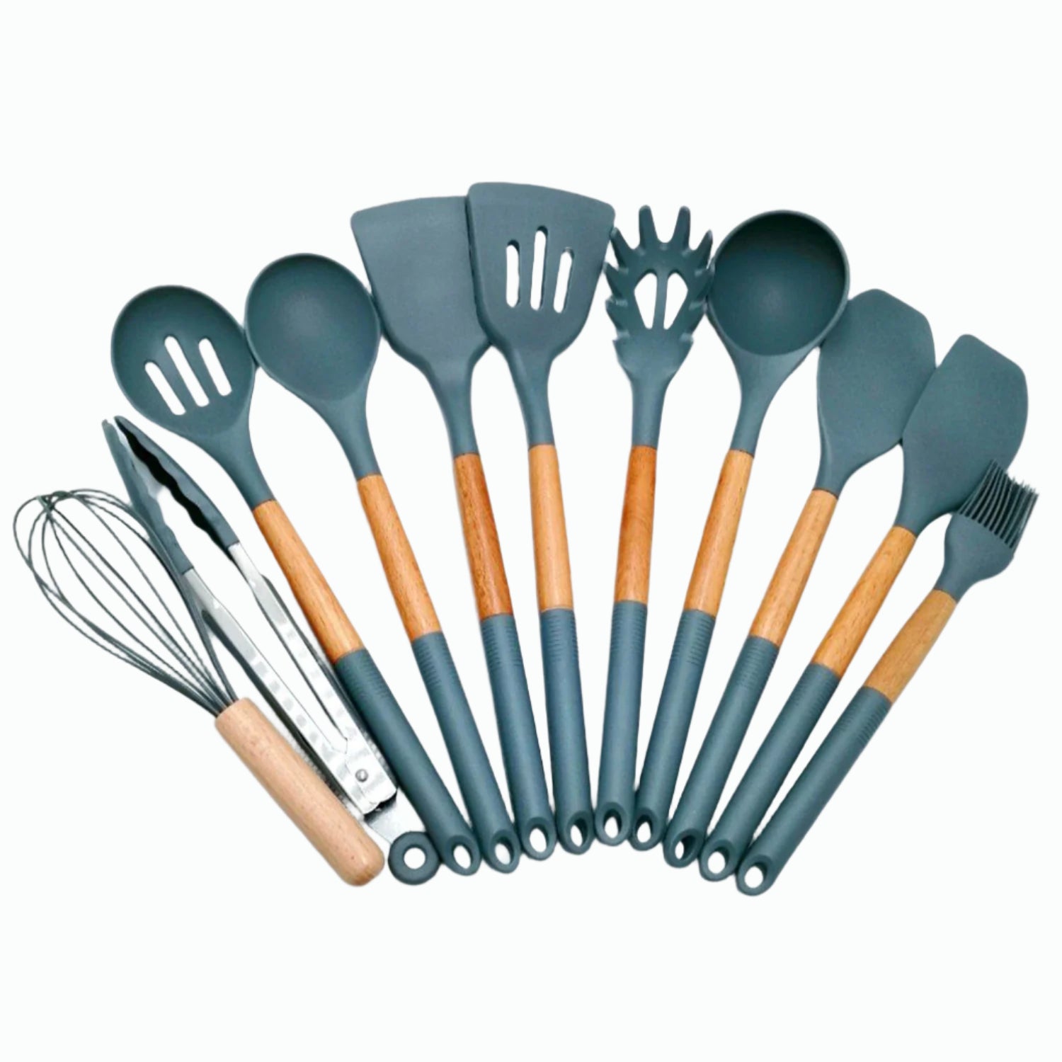 Utensil Set Silicone Cooking Kit Spatula Heat Resistant Wooden handle Spoons set, 12Pcs