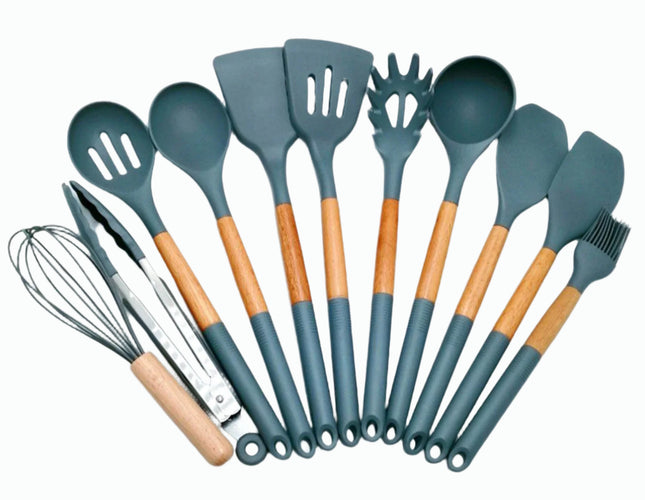 Utensil Set Silicone Cooking Kit Spatula Heat Resistant Wooden handle Spoons set, 12Pcs