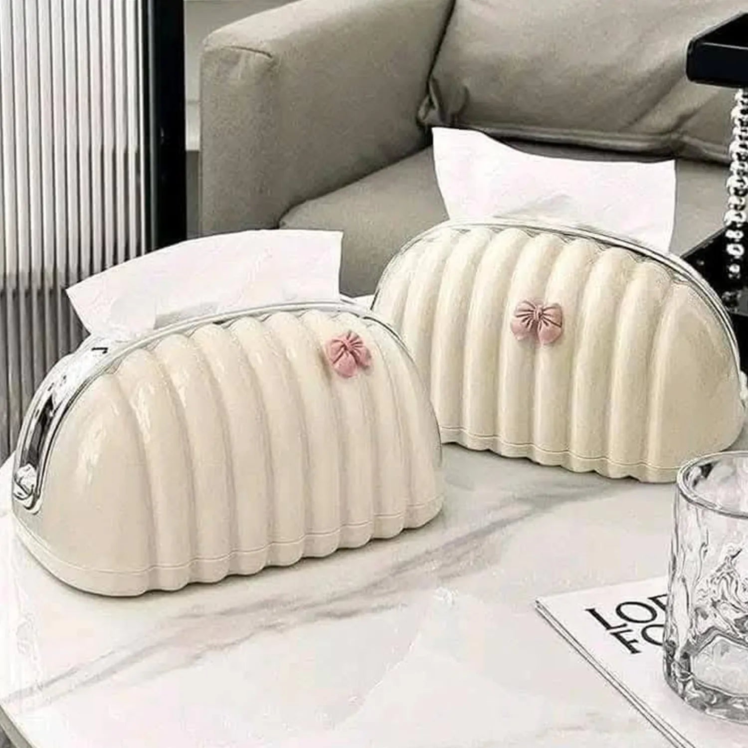 Gazechimp Tissue Holder Tissue Dispenser Shell Shape Valentines Day Gifts Tissue Case for Night Stands Office Restaurant Home Household, with Bow
