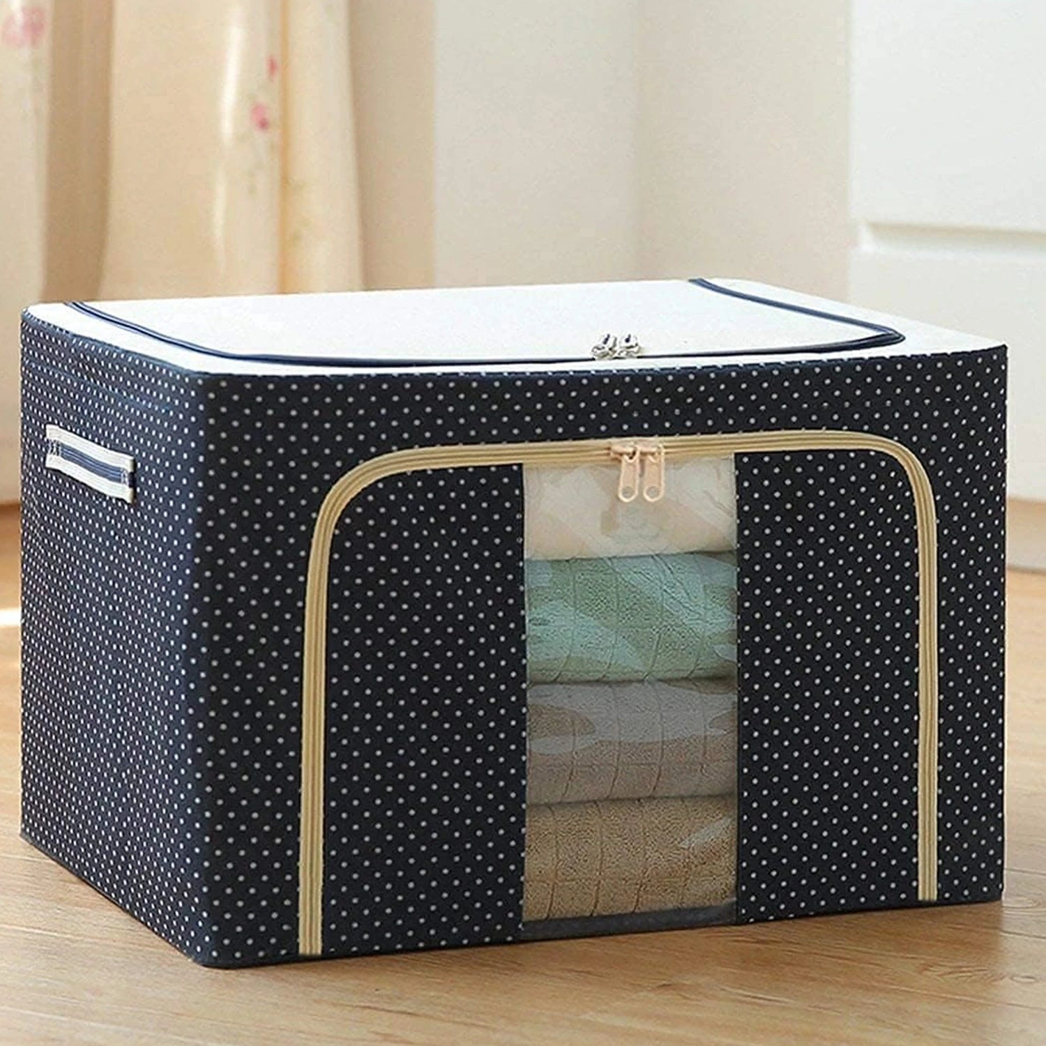 Fabric Clothing Storage Box with Steel Frame Folding Bag Clear Window Zipper for Clothes Bed Sheets Blanket with Handles