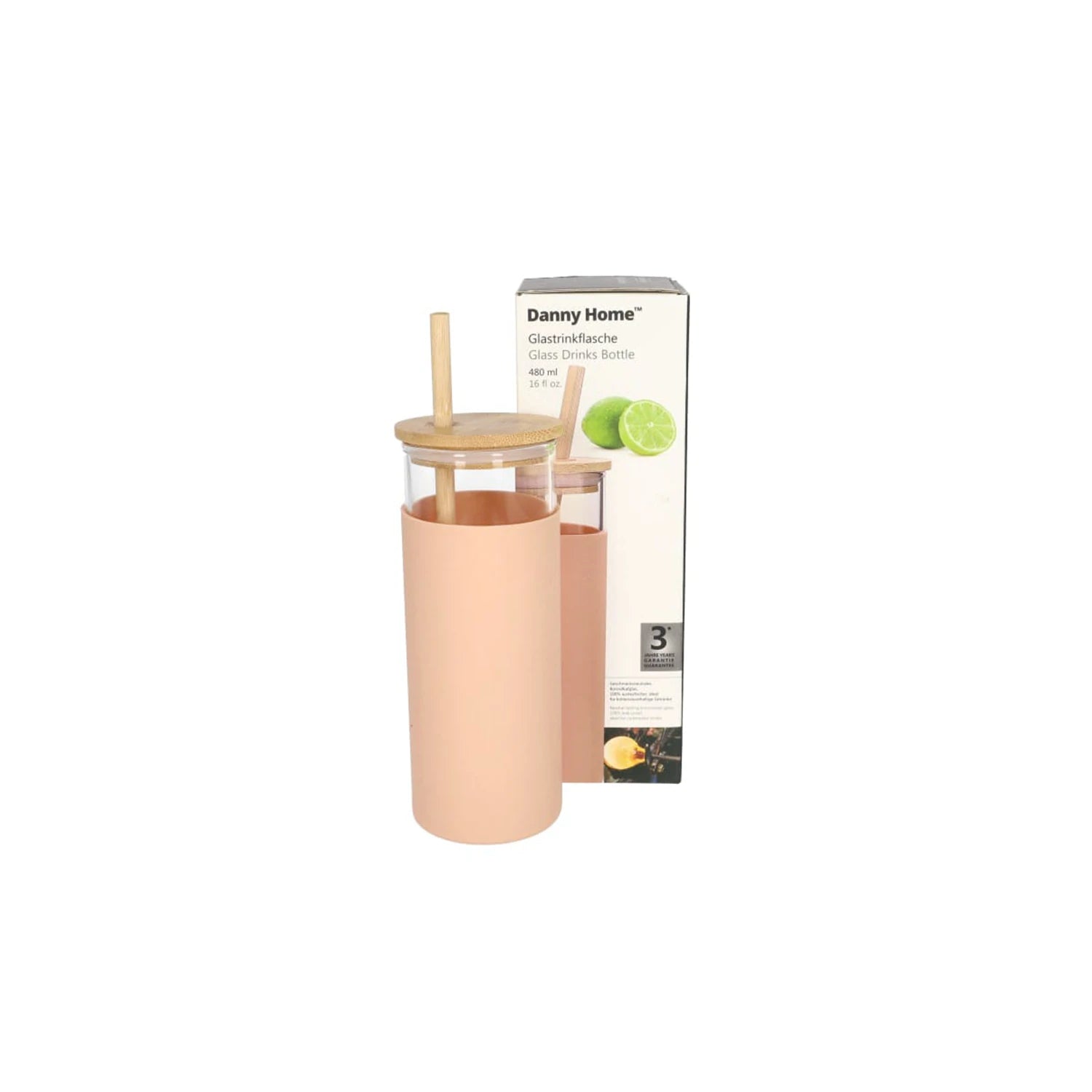 Borosilicate Bottle With Wood Lid & Straw 480ml.