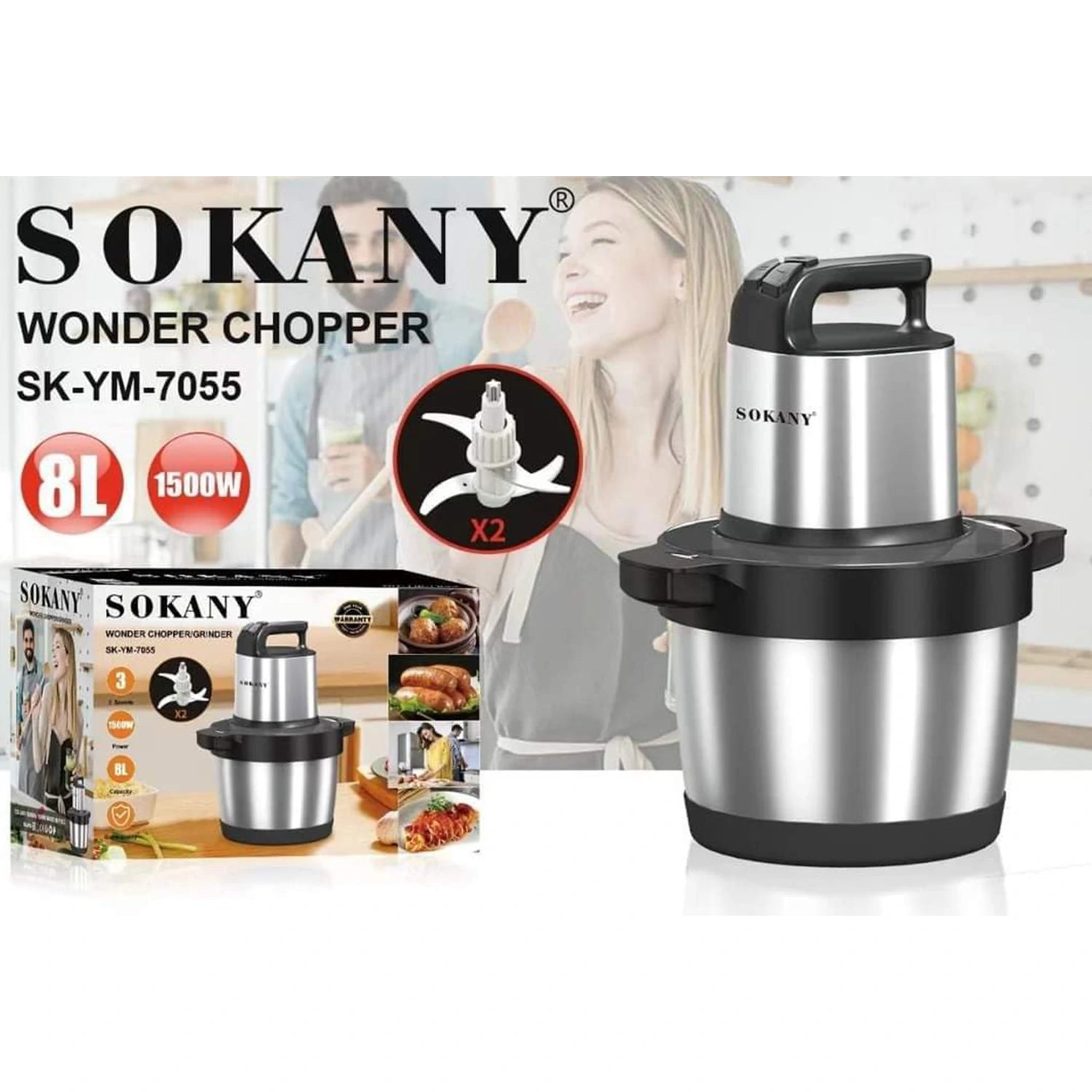 Sokany Chopper 8L with (Extra Knife) Stainless Steel Meat Cutter