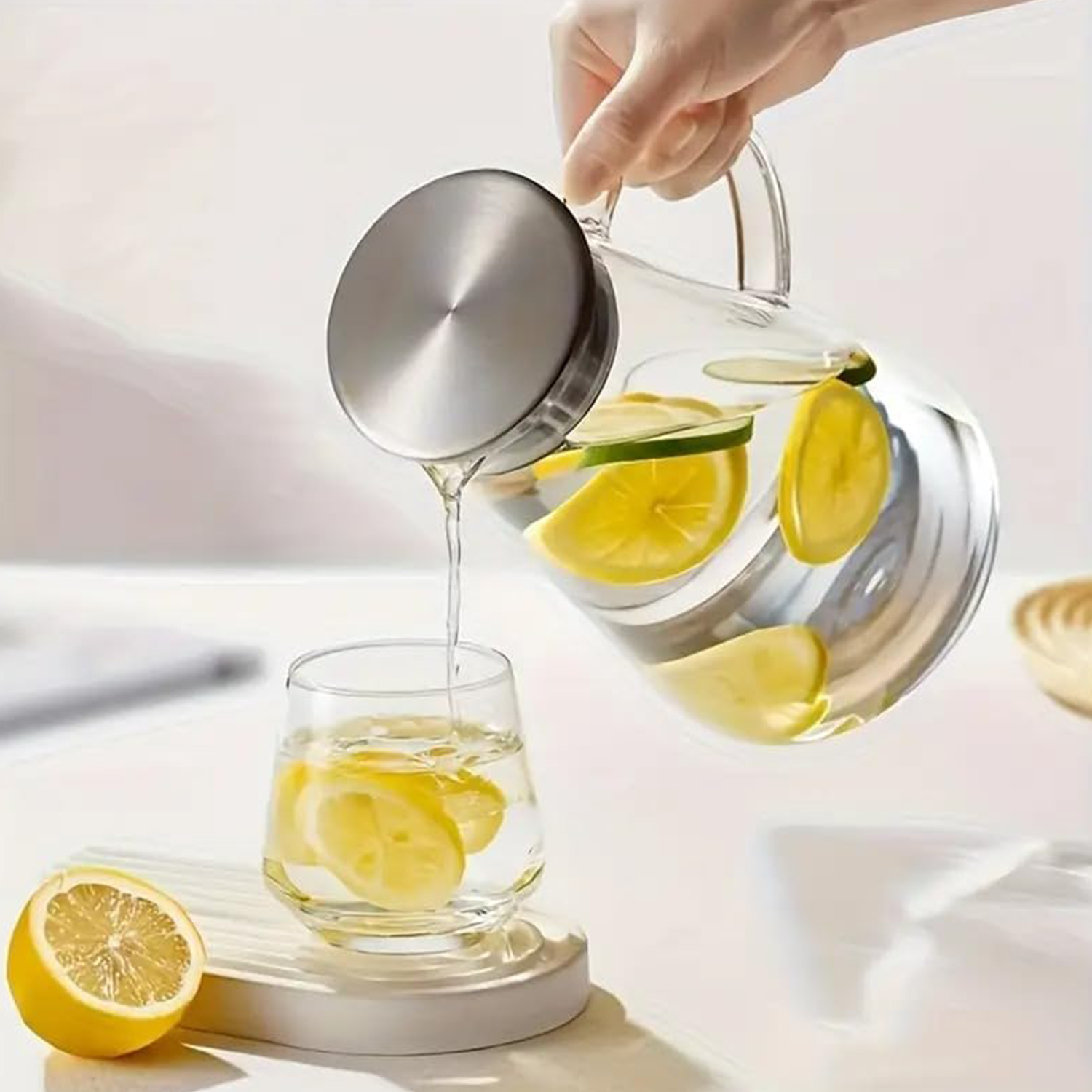 Transparent Thermal Glass Carafe with Stainless Steel Lid - Modern Design Large Capacity 1.8L