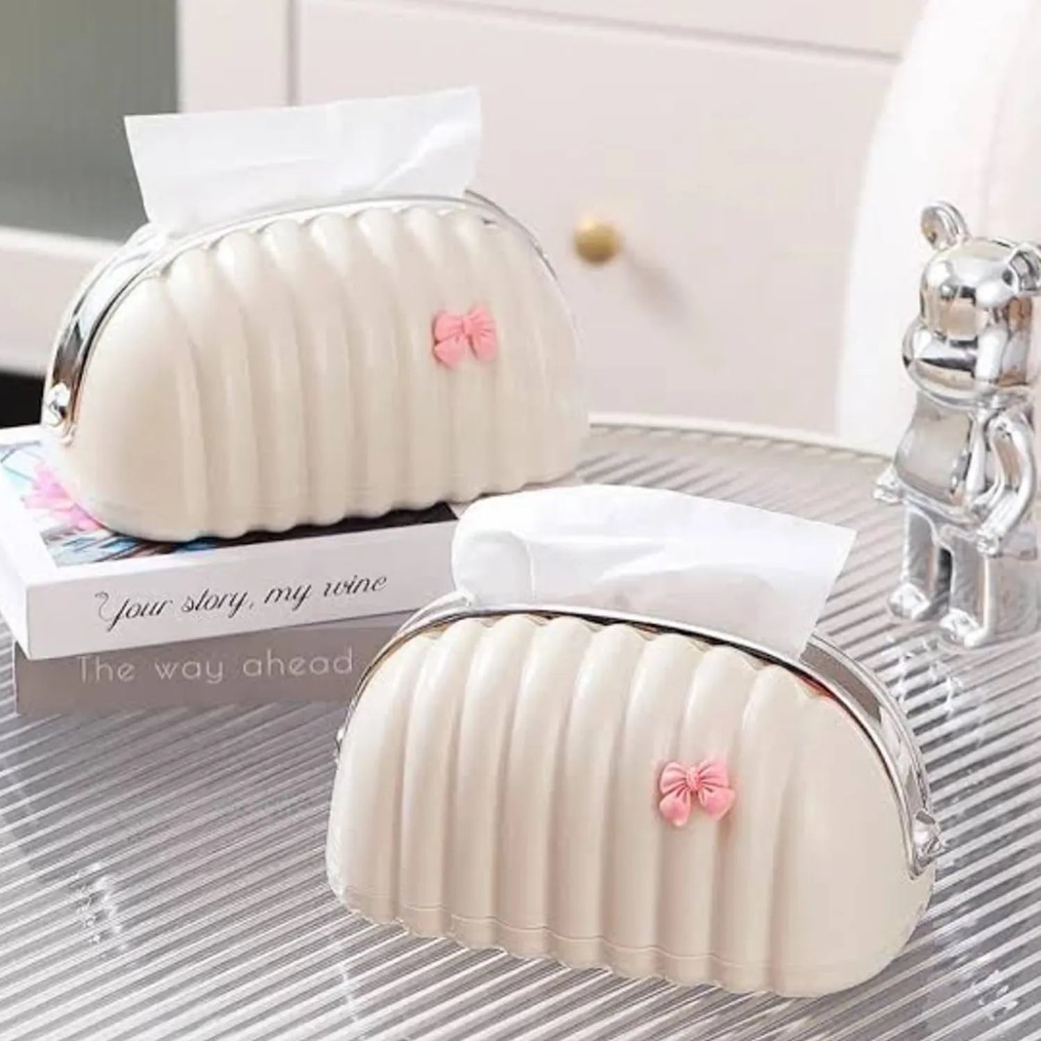 Gazechimp Tissue Holder Tissue Dispenser Shell Shape Valentines Day Gifts Tissue Case for Night Stands Office Restaurant Home Household, with Bow