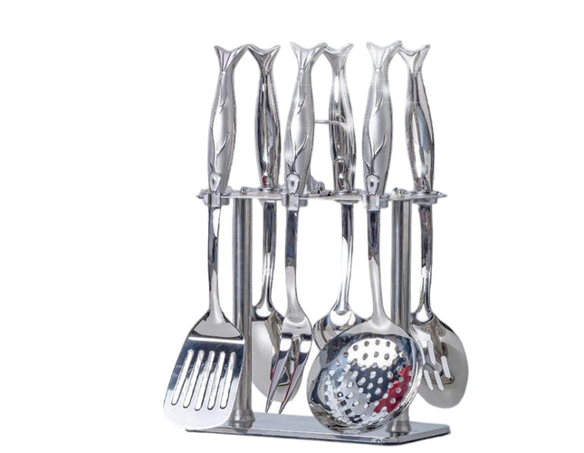 Stainless steel dispenser set, 7 pieces on a stand