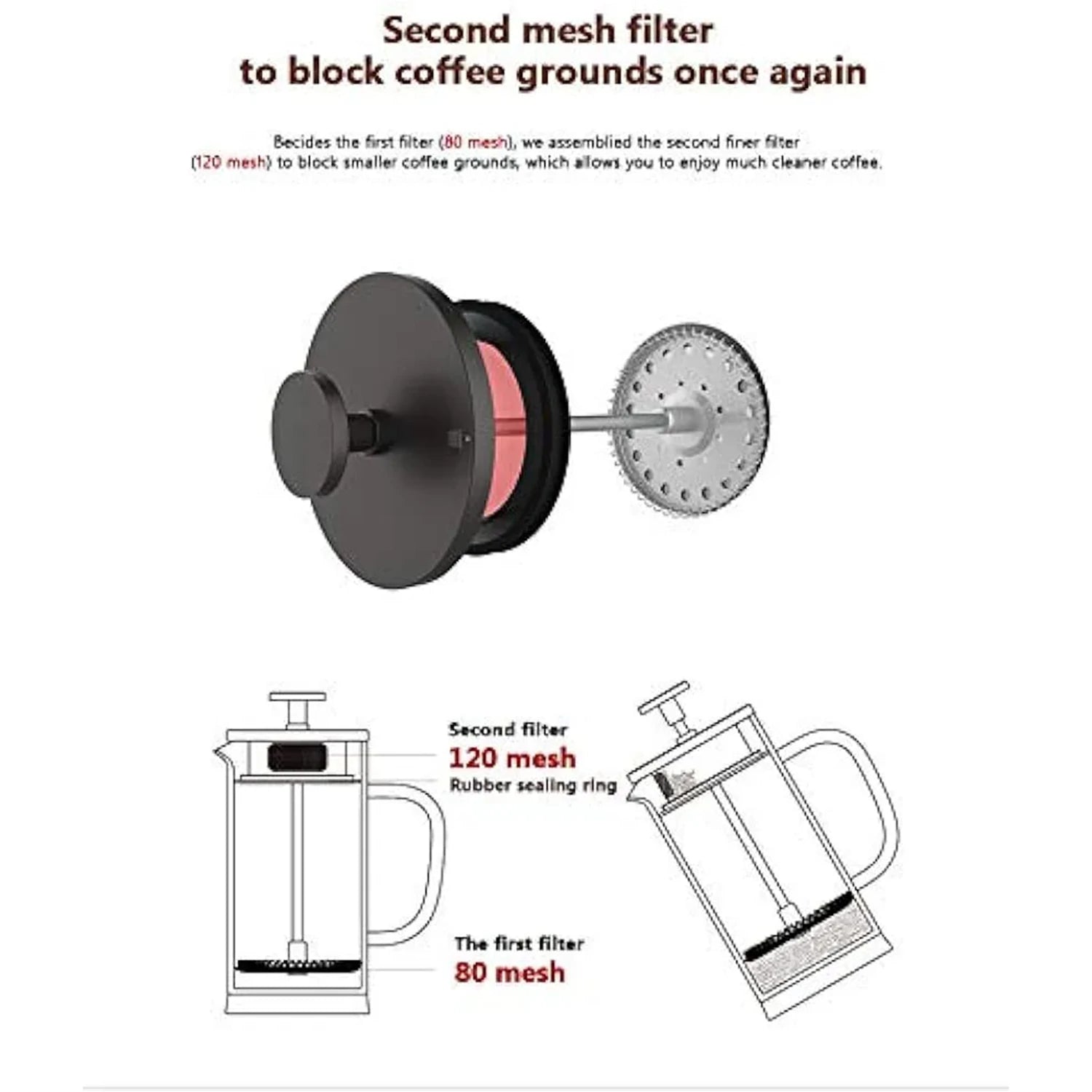 French Press Coffee Maker Double Filter Mesh 600ml