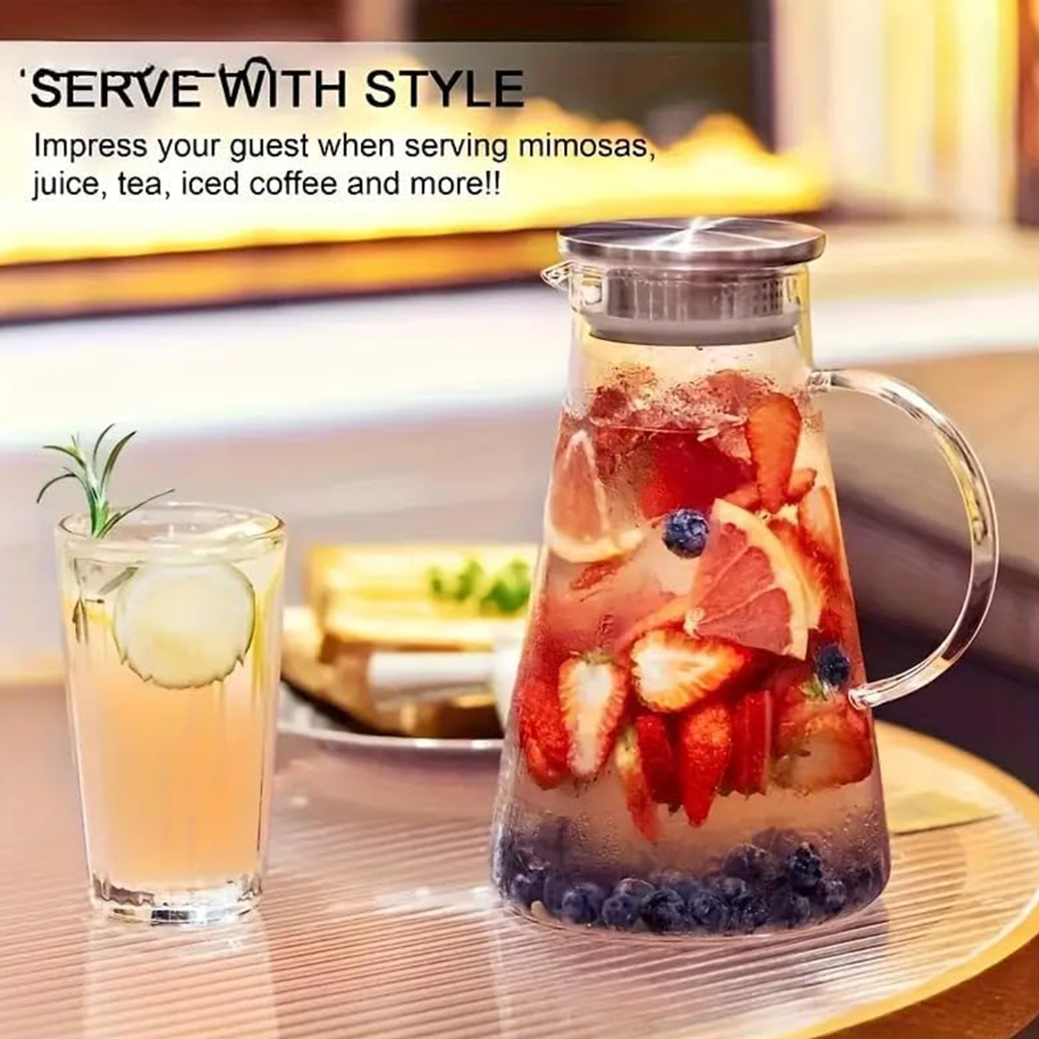 Transparent Thermal Glass Carafe with Stainless Steel Lid - Modern Design Large Capacity 1.8L