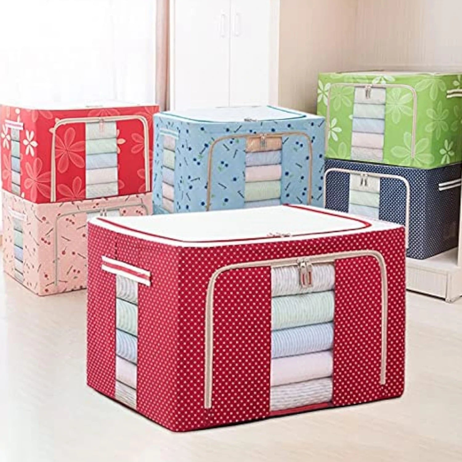 Fabric Clothing Storage Box with Steel Frame Folding Bag Clear Window Zipper for Clothes Bed Sheets Blanket with Handles