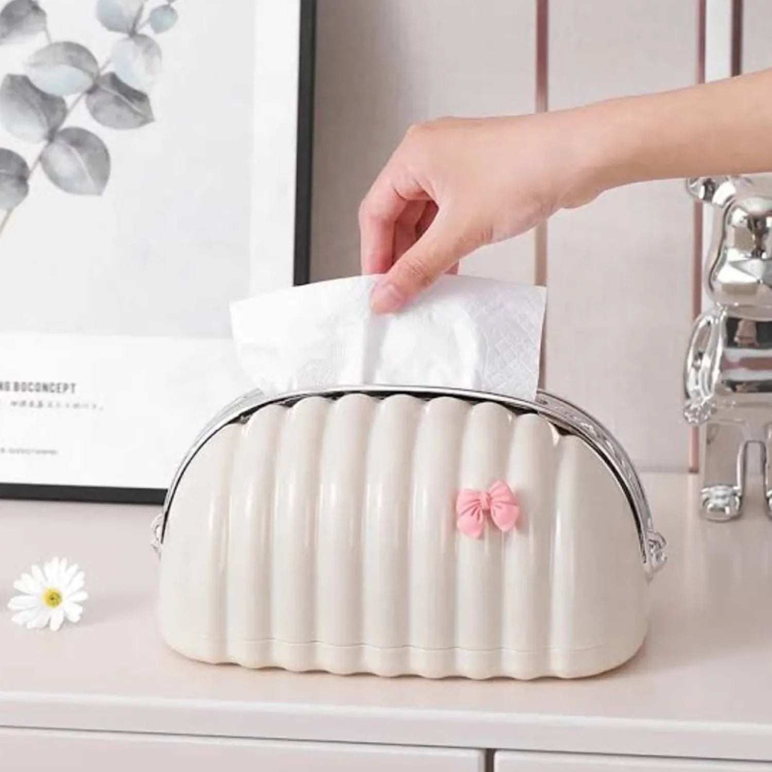 Gazechimp Tissue Holder Tissue Dispenser Shell Shape Valentines Day Gifts Tissue Case for Night Stands Office Restaurant Home Household, with Bow