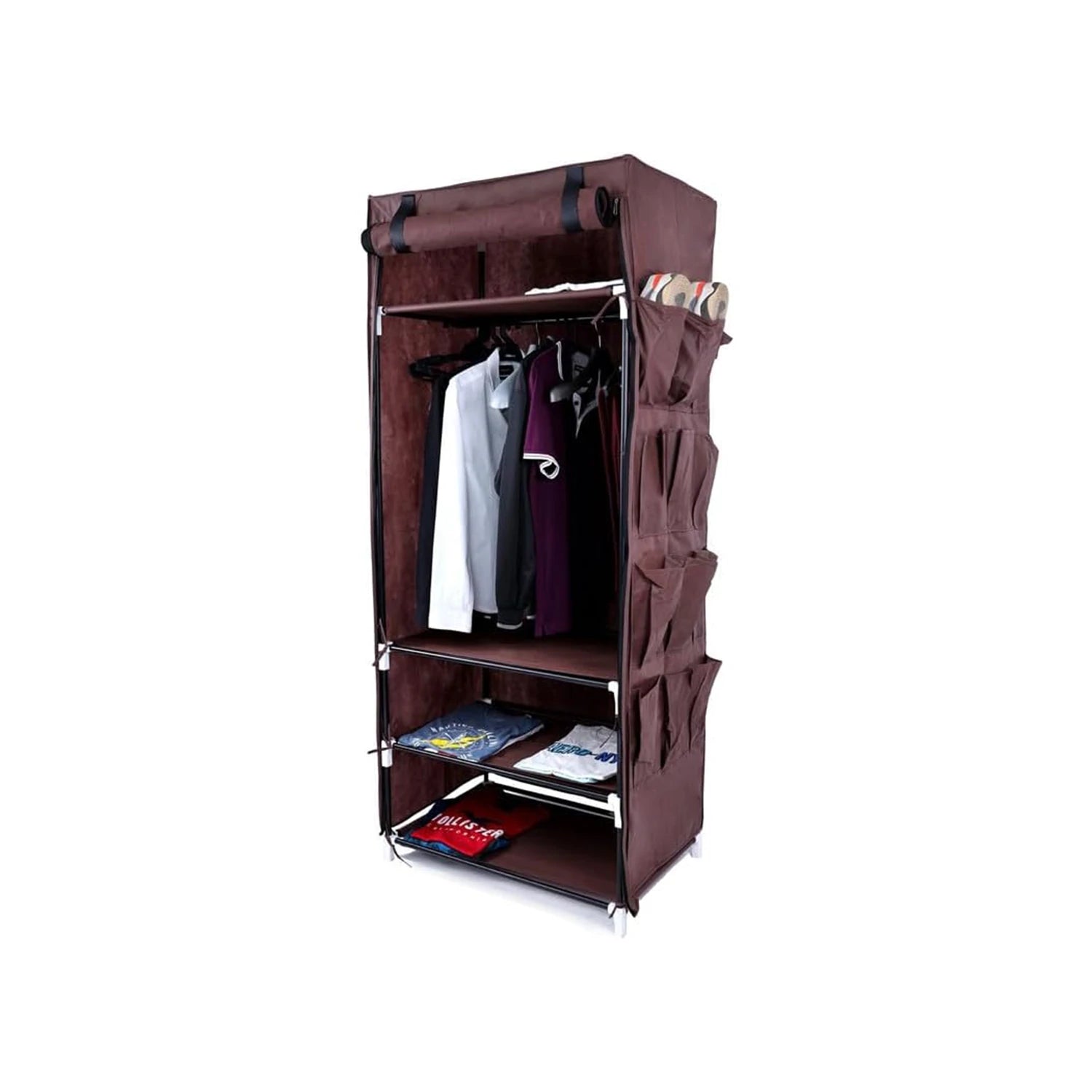 Fabric Foldable Clothes Storage Cabinet with Shelf and Holder, 12 Side Pockets