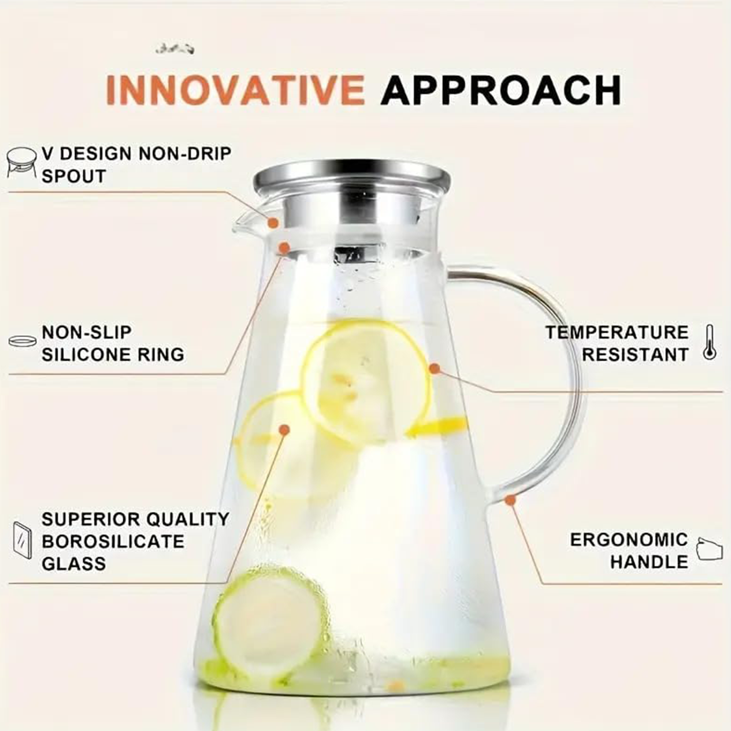 Transparent Thermal Glass Carafe with Stainless Steel Lid - Modern Design Large Capacity 1.8L