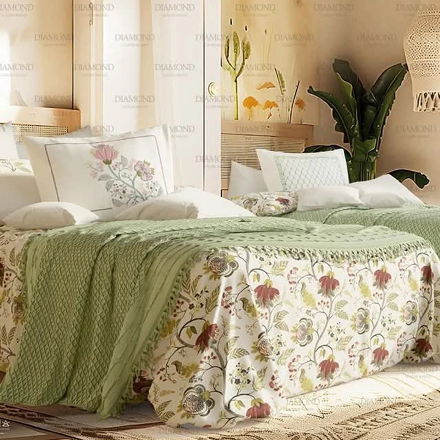 Diamond Loutus Coverlet and Sheet Set, 5 pieces