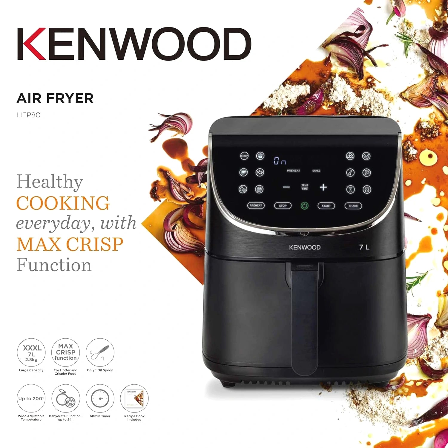 Kenwood Air Fryer, 7 Liters, 1800 Watt, Black • HFP80.000BK