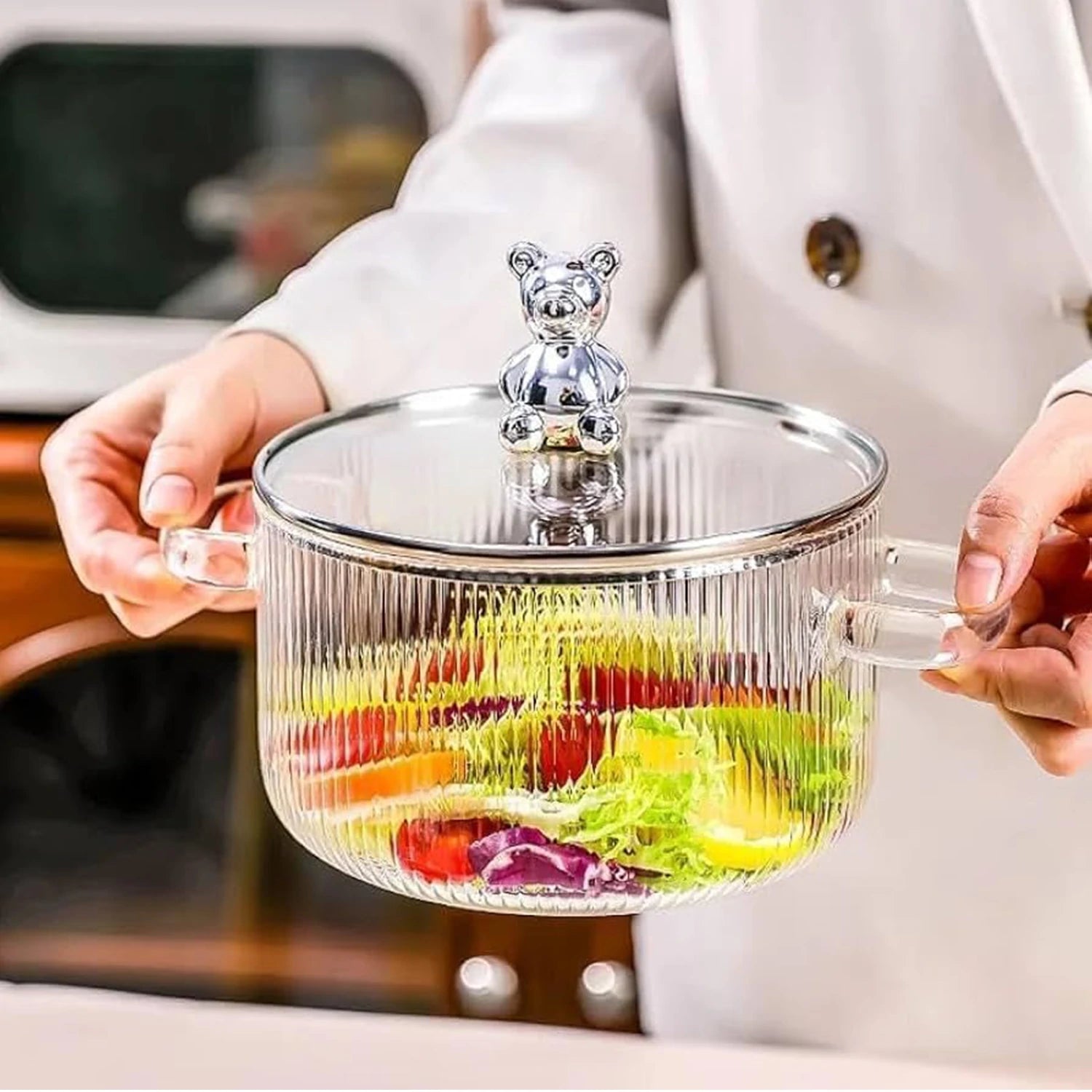 Pyrex Home Pot Large Capacity 1.8L, with lid and teddy bear handle