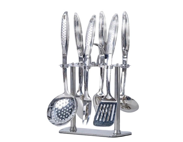 Stainless steel dispenser set, 7 pieces on a stand